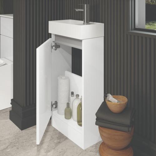 Newland 400mm Single Door Cloakroom Basin Unit With Ceramic Basin White Gloss