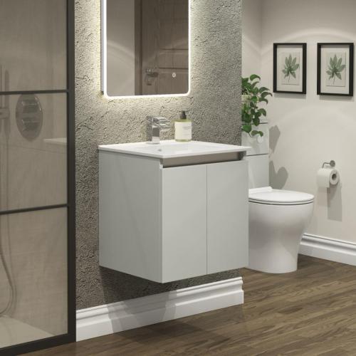 Newland 500mm Double Door Suspended Basin Unit With Ceramic Basin Pearl Grey