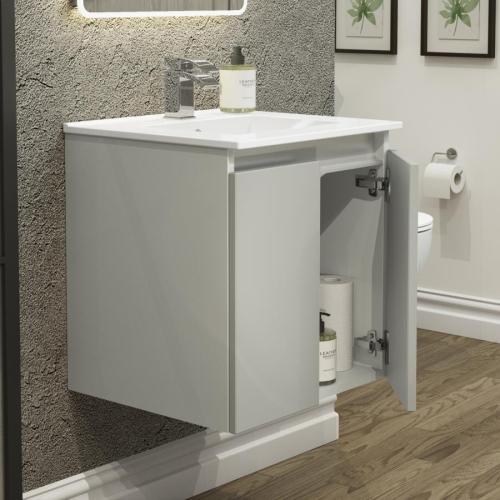 Newland 500mm Double Door Suspended Basin Unit With Ceramic Basin Pearl Grey