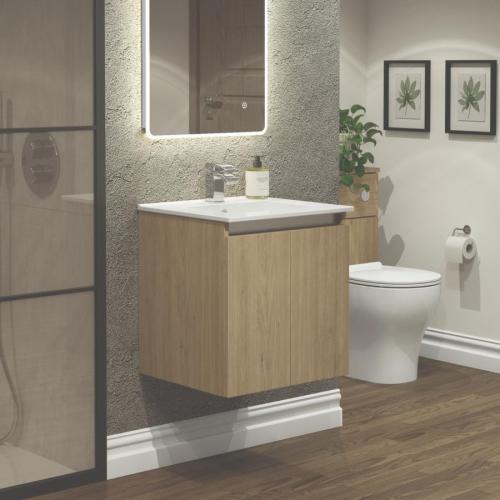 Newland 500mm Double Door Suspended Basin Unit With Ceramic Basin Natural Oak
