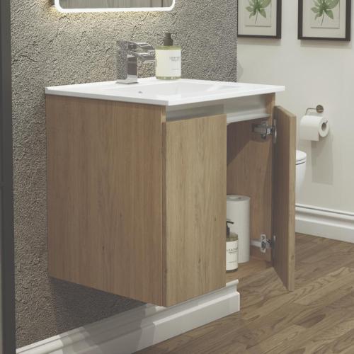 Newland 500mm Double Door Suspended Basin Unit With Ceramic Basin Natural Oak