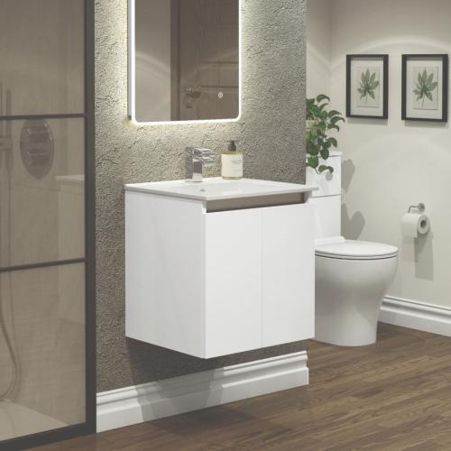 Newland 500mm Double Door Suspended Basin Unit With Ceramic Basin White Gloss