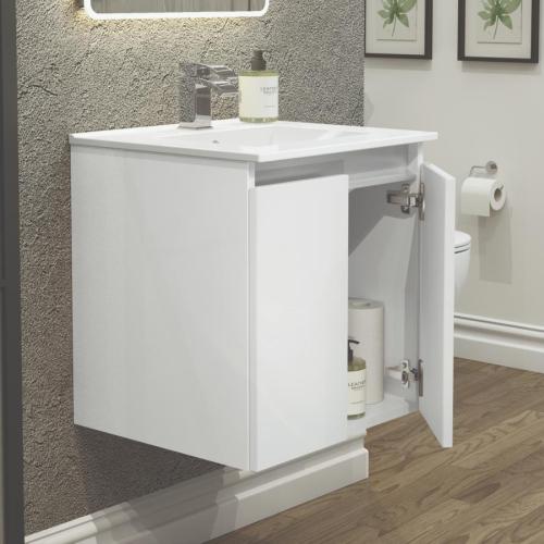 Newland 500mm Double Door Suspended Basin Unit With Ceramic Basin White Gloss