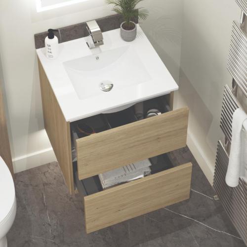 Newland 500mm Double Drawer Suspended Basin Unit With Ceramic Basin Natural Oak