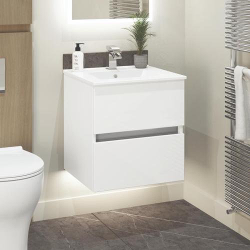 Newland 500mm Double Drawer Suspended Basin Unit With Ceramic Basin White Gloss