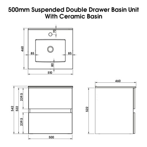 Newland 500mm Double Drawer Suspended Basin Unit With Ceramic Basin White Gloss