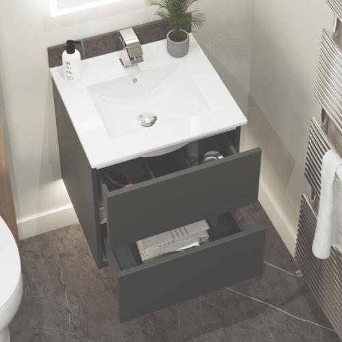 Newland 500mm Double Drawer Suspended Basin Unit With Ceramic Basin Midnight Mist