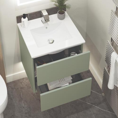 Newland 500mm Double Drawer Suspended Basin Unit With Ceramic Basin Sage Green