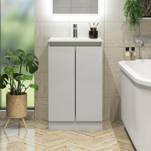 Newland 500mm Floorstanding Double Door Basin Unit With Ceramic Basin Pearl Grey