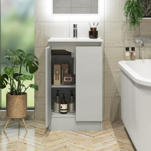 Newland 500mm Floorstanding Double Door Basin Unit With Ceramic Basin Pearl Grey