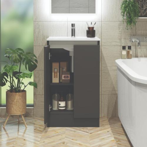 Newland 500mm Floorstanding Double Door Basin Unit With Ceramic Basin Midnight Mist