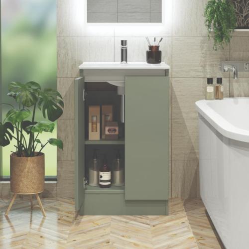 Newland 500mm Floorstanding Double Door Basin Unit With Ceramic Basin Sage Green