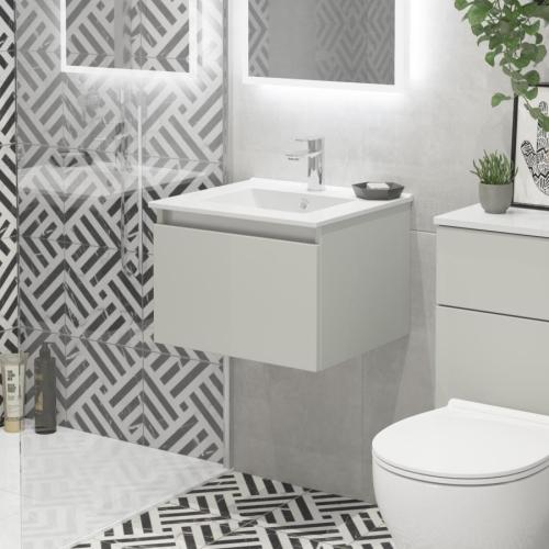 Newland 500mm Single Drawer Suspended Basin Unit With Ceramic Basin Pearl Grey