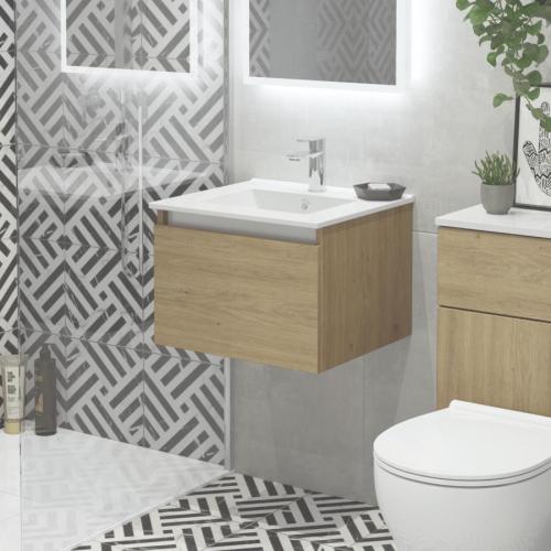 Newland 500mm Single Drawer Suspended Basin Unit With Ceramic Basin Natural Oak