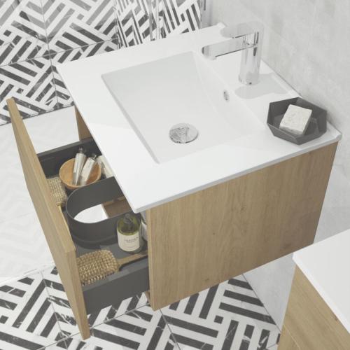 Newland 500mm Single Drawer Suspended Basin Unit With Ceramic Basin Natural Oak