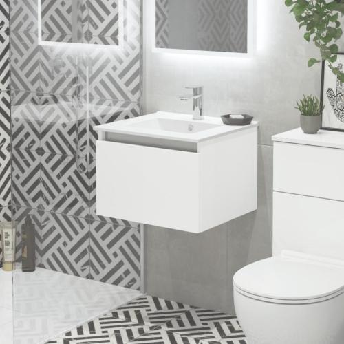 Newland 500mm Single Drawer Suspended Basin Unit With Ceramic Basin White Gloss