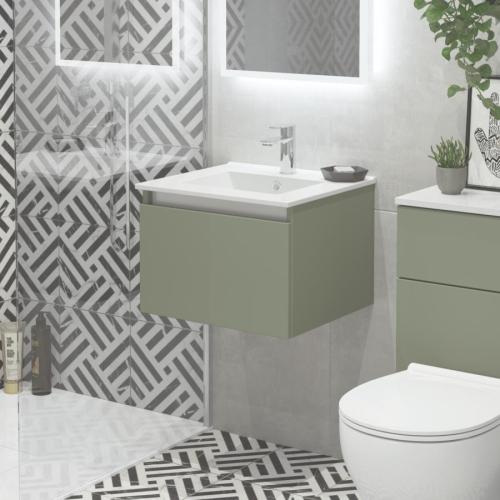 Newland 500mm Single Drawer Suspended Basin Unit With Ceramic Basin Sage Green