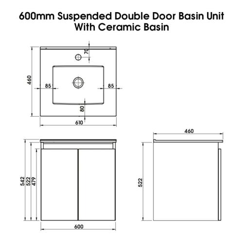 Newland 600mm Double Door Suspended Basin Unit With Ceramic Basin Midnight Mist