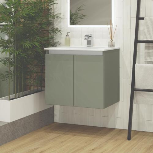 Newland 600mm Double Door Suspended Basin Unit With Ceramic Basin Sage Green