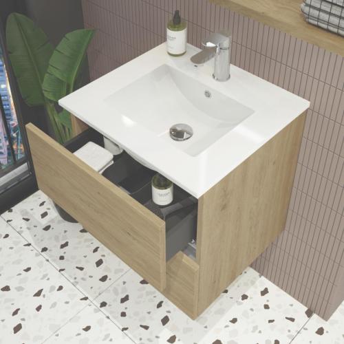 Newland 600mm Double Drawer Suspended Basin Unit With Ceramic Basin Natural Oak