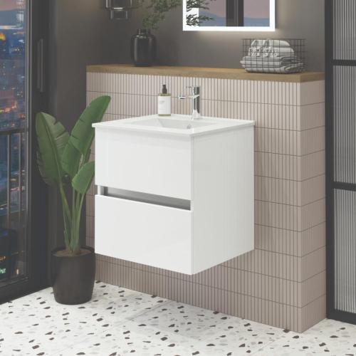 Newland 600mm Double Drawer Suspended Basin Unit With Ceramic Basin White Gloss