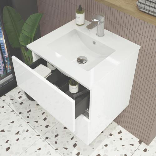 Newland 600mm Double Drawer Suspended Basin Unit With Ceramic Basin White Gloss