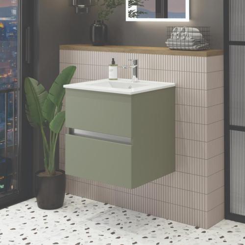 Newland 600mm Double Drawer Suspended Basin Unit With Ceramic Basin Sage Green