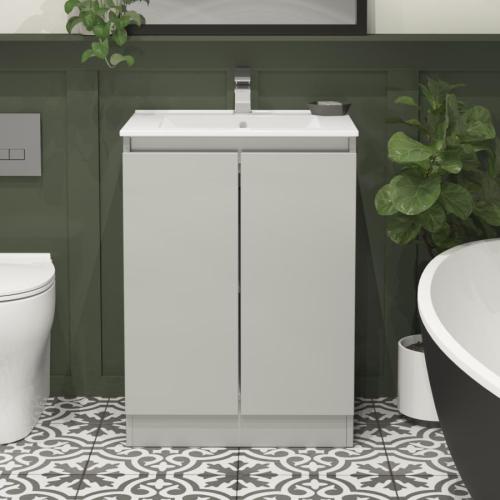 Newland 600mm Floorstanding Double Door Basin Unit With Ceramic Basin Pearl Grey