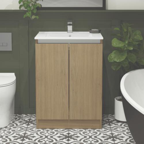 Newland 600mm Floorstanding Double Door Basin Unit With Ceramic Basin Natural Oak