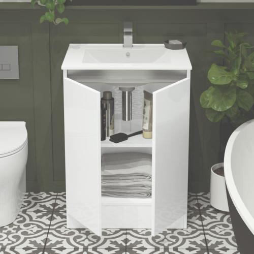 Newland 600mm Floorstanding Double Door Basin Unit With Ceramic Basin White Gloss