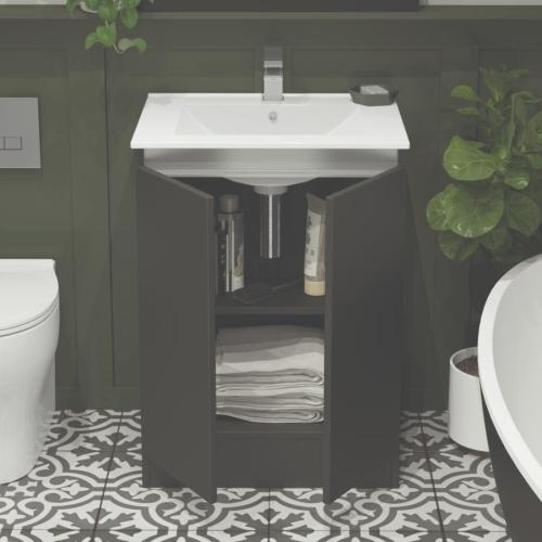Newland 600mm Floorstanding Double Door Basin Unit With Ceramic Basin Midnight Mist