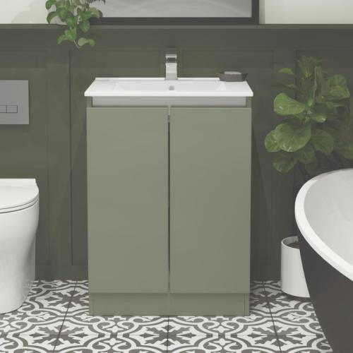 Newland 600mm Floorstanding Double Door Basin Unit With Ceramic Basin Sage Green