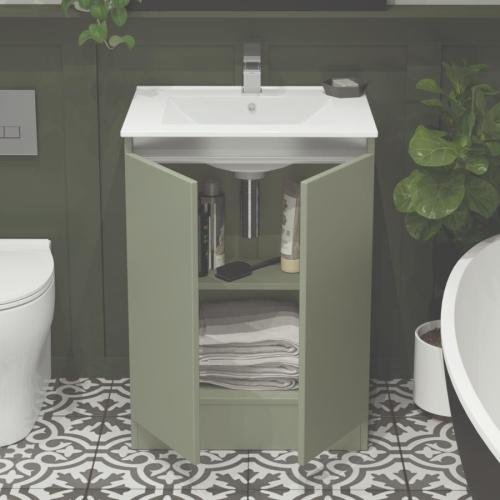 Newland 600mm Floorstanding Double Door Basin Unit With Ceramic Basin Sage Green