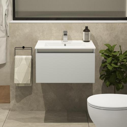 Newland 600mm Single Drawer Suspended Basin Unit With Ceramic Basin Pearl Grey