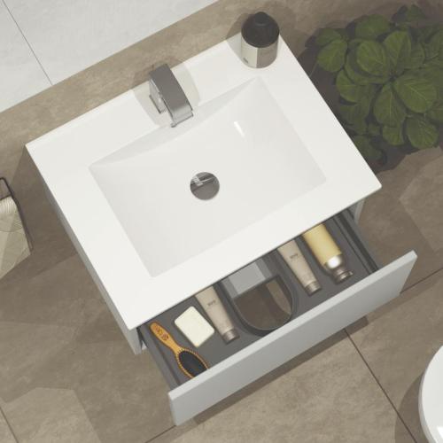 Newland 600mm Single Drawer Suspended Basin Unit With Ceramic Basin Pearl Grey
