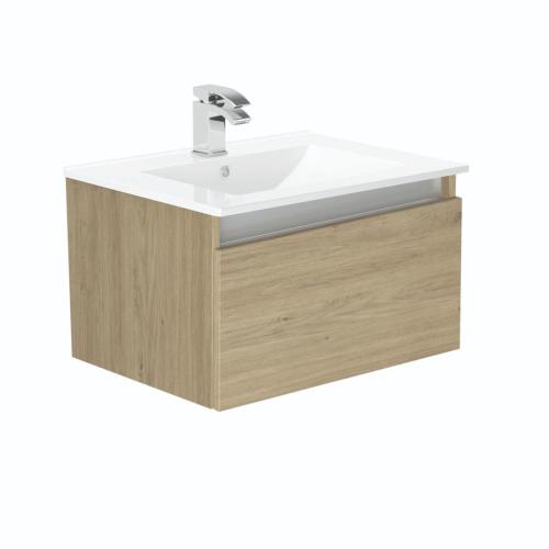 Newland 600mm Single Drawer Suspended Basin Unit With Ceramic Basin Natural Oak