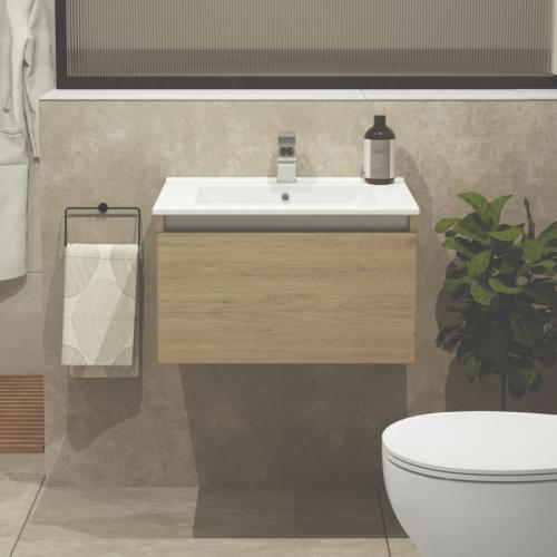 Newland 600mm Single Drawer Suspended Basin Unit With Ceramic Basin Natural Oak
