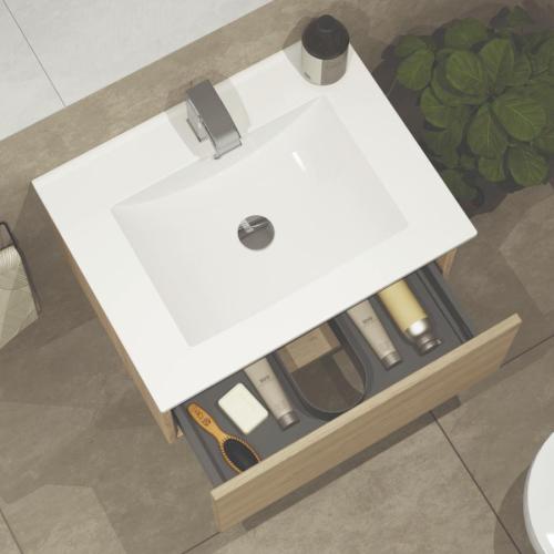 Newland 600mm Single Drawer Suspended Basin Unit With Ceramic Basin Natural Oak