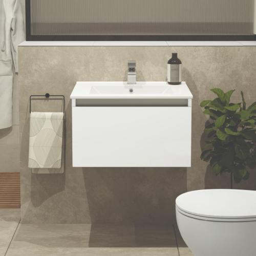 Newland 600mm Single Drawer Suspended Basin Unit With Ceramic Basin White Gloss