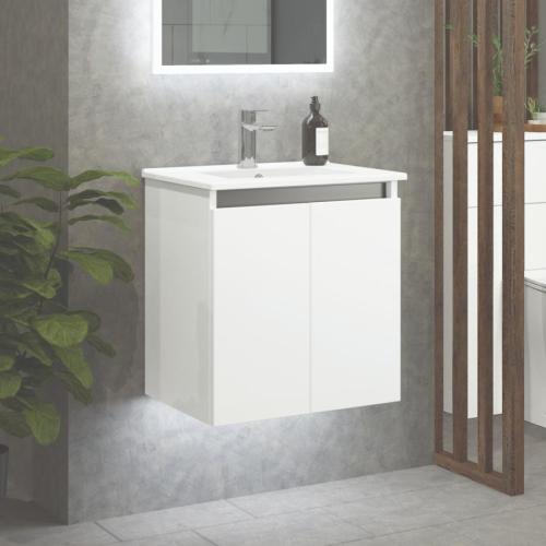 Newland 500mm Slimline Double Door Suspended Basin Unit With Ceramic Basin White Gloss
