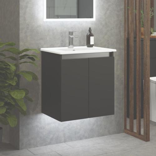 Newland 500mm Slimline Double Door Suspended Basin Unit With Ceramic Basin Midnight Mist