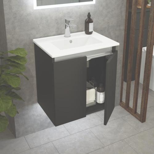 Newland 500mm Slimline Double Door Suspended Basin Unit With Ceramic Basin Midnight Mist