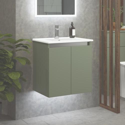 Newland 500mm Slimline Double Door Suspended Basin Unit With Ceramic Basin Sage Green
