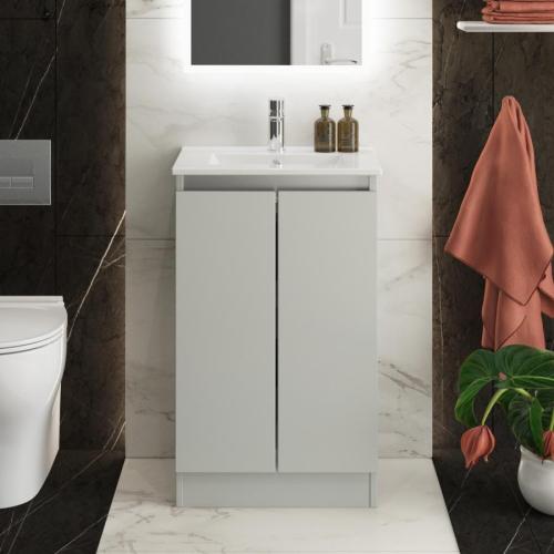 Newland 500mm Slimline Floorstanding Double Door Basin Unit With Ceramic Basin Pearl Grey