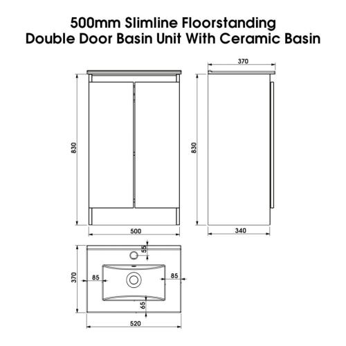 Newland 500mm Slimline Floorstanding Double Door Basin Unit With Ceramic Basin Pearl Grey