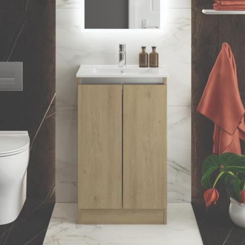 Newland 500mm Slimline Floorstanding Double Door Basin Unit With Ceramic Basin Natural Oak