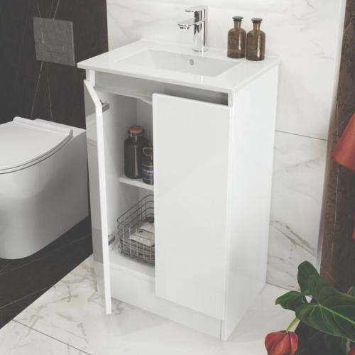 Newland 500mm Slimline Floorstanding Double Door Basin Unit With Ceramic Basin White Gloss