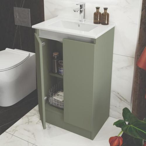 Newland 500mm Slimline Floorstanding Double Door Basin Unit With Ceramic Basin Sage Green