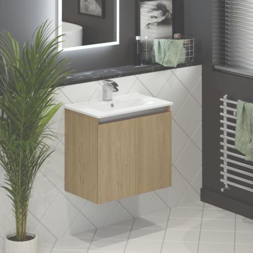 Newland 600mm Slimline Double Door Suspended Basin Unit With Ceramic Basin Natural Oak
