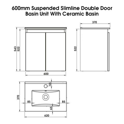 Newland 600mm Slimline Double Door Suspended Basin Unit With Ceramic Basin Natural Oak